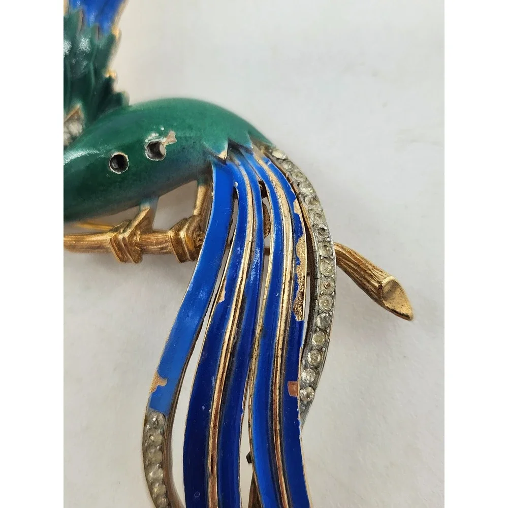 Trifari Birds‎ of Paradise Brooch & Earring Set Blue Green Enamel Rhinestone